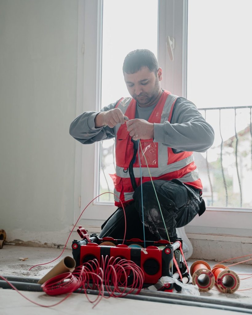 Un &eacute;lectricien ALP pr&eacute;pare des raccordements, assis pr&egrave;s d&rsquo;une fen&ecirc;tre dans une pi&egrave;ce en travaux.