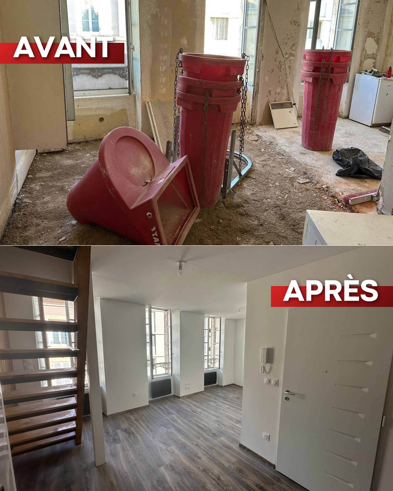 Avant et après la rénovation intérieure d’un appartement à Nevers.